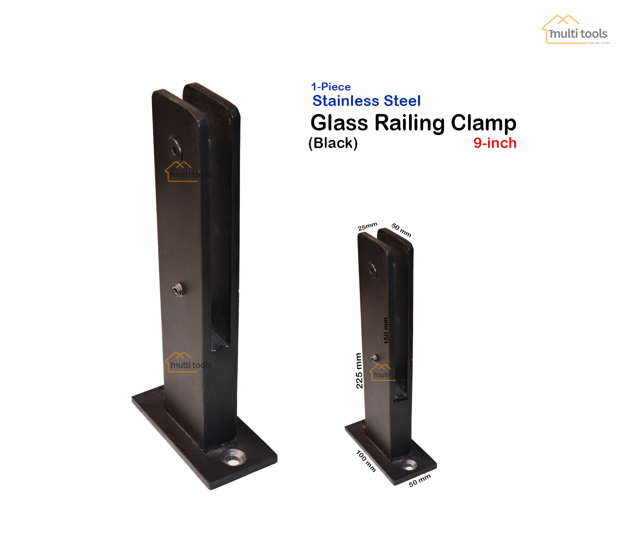 Stainless Steel Square Glass Railing Clamp Black (9 Inch)