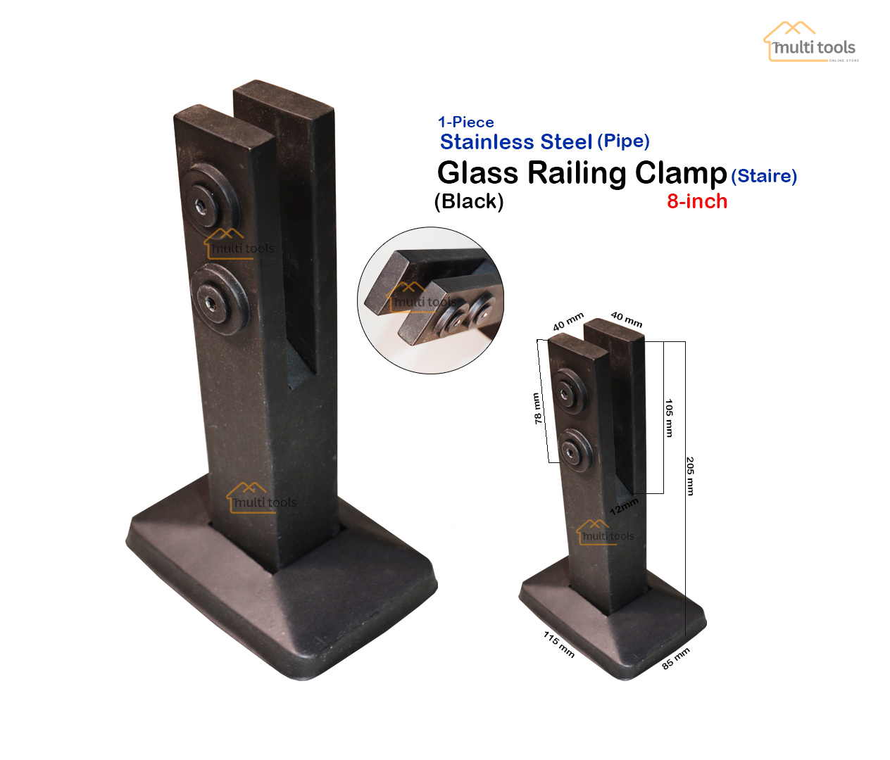 Stainless Steel Square Glass Railing Clamp Black (Staire) 8 Inch