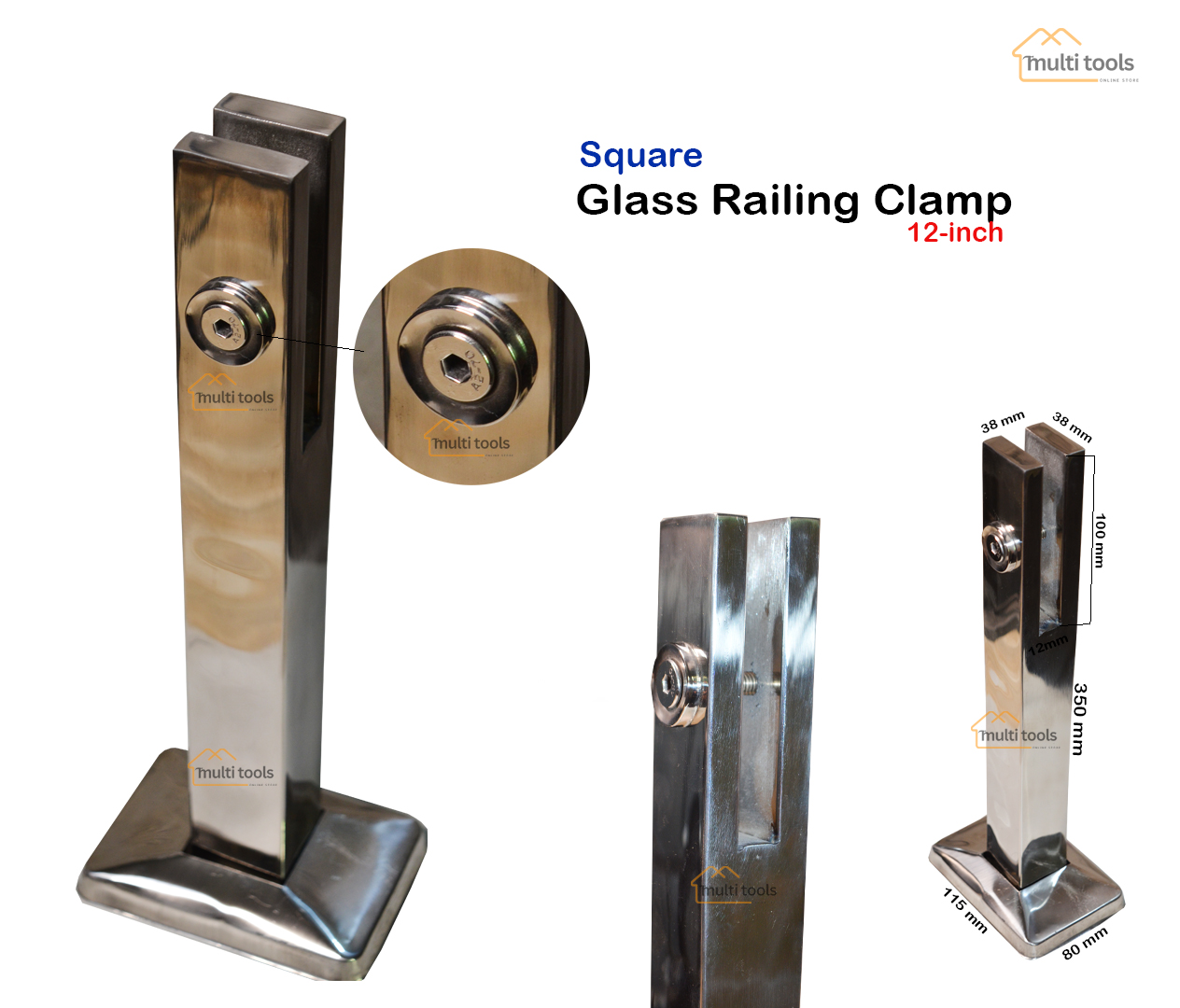 Stainless Steel Square Glass Railing Clamp Chorme 12 Inch