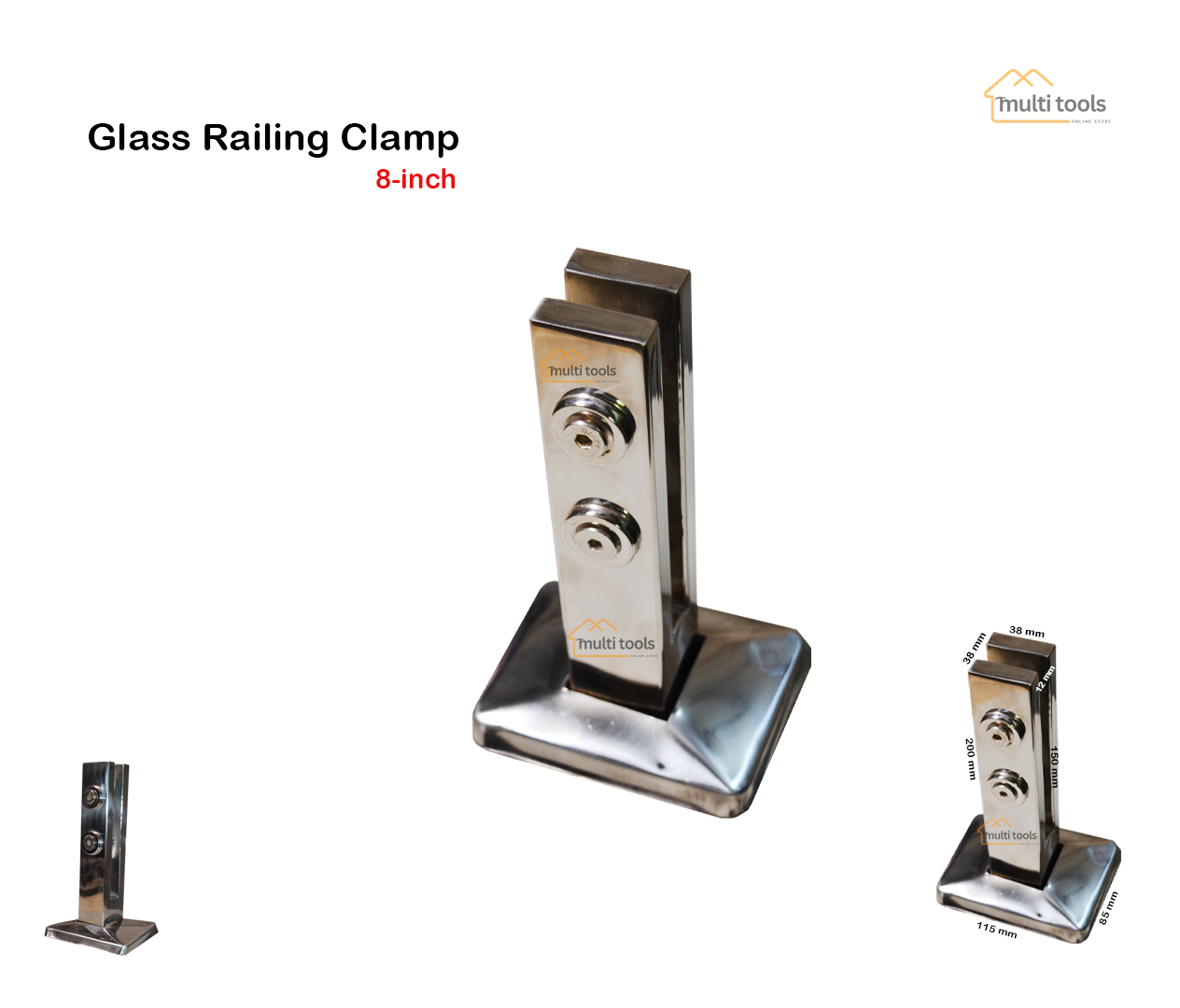 Stainless Steel Square Glass Railing Clamp Chorme 8 Inch
